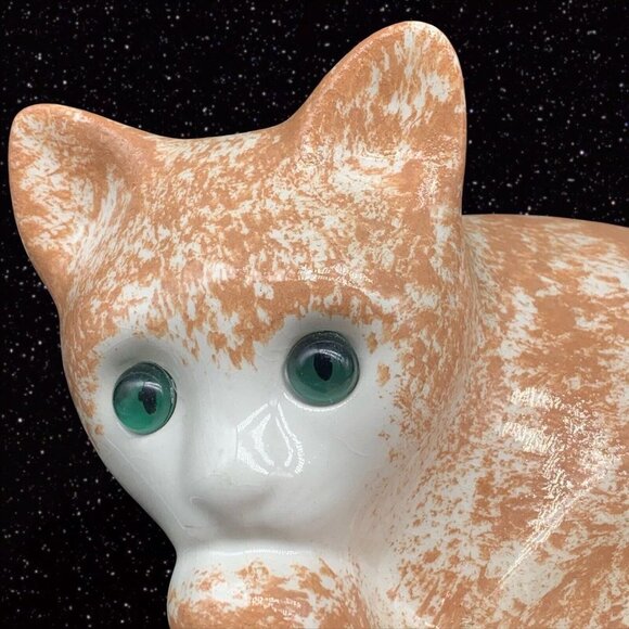 Vintage ELPA Alcobaca Orange White Cat Handpainted Ceramic Green Eye 6”T 7”W - Picture 8 of 8